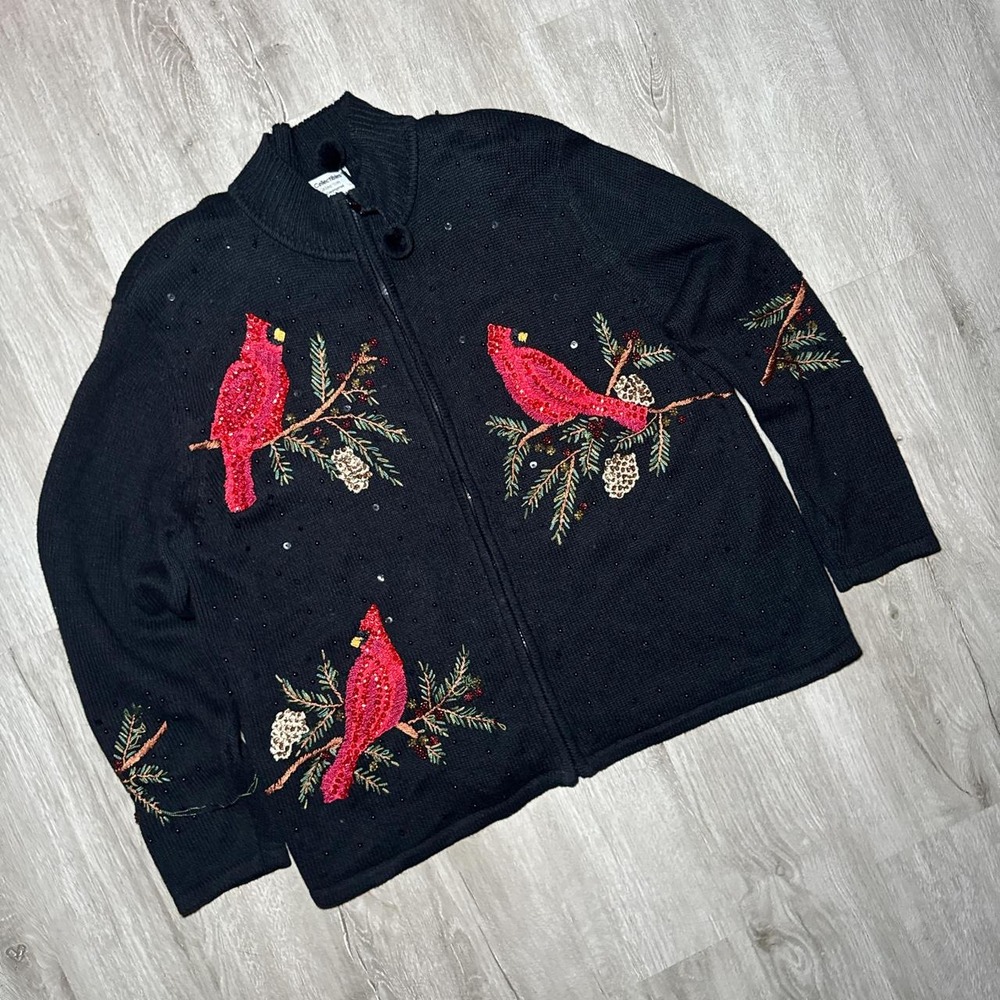 Vintage embroidered Black zip up sweater with red birds and pinecones